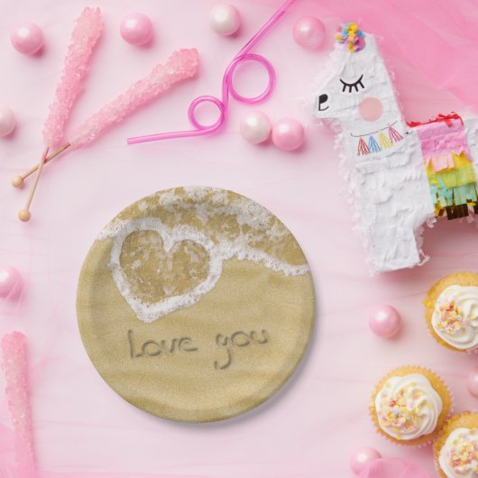 Assiettes En Carton Coeur "Love you" écrit dans Sable (Fête)
