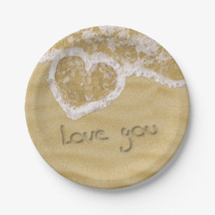 Assiettes En Carton Coeur "Love you" écrit dans Sable