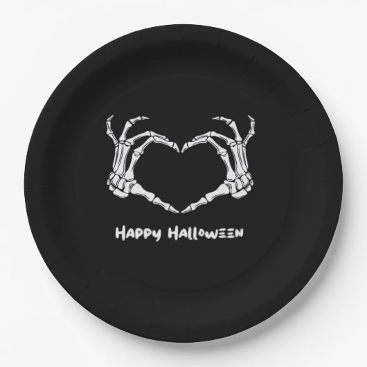 Assiettes En Carton Coeur main squelette éffrayant avec "Happy Hallowe (Devant)