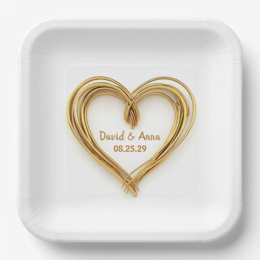 Assiettes En Carton Coeur mariage Gold câblé sur blanc (Recto)