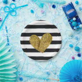 Assiettes En Carton Coeur noir et blanc d'or de rayures (Fête)