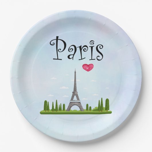 Assiettes En Carton Coeur Paris avec la Tour Eiffel (Devant)