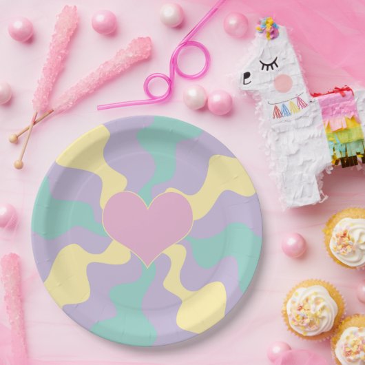 Assiettes En Carton Coeur - Pastel rose, jaune, violet et vert (Fête)