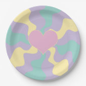 Assiettes En Carton Coeur - Pastel rose, jaune, violet et vert (Devant)