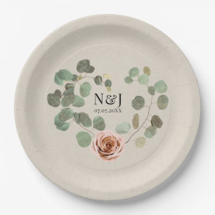 Assiettes En Carton Cœur rustique de rose rose et d'eucalyptus pour ma