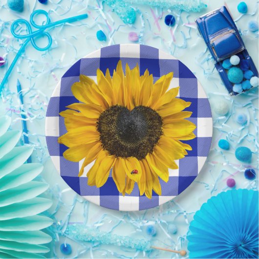 Assiettes En Carton Coeur Tournesol Ladybug sur Buffalo Plaid (Fête)