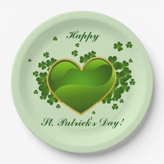 Assiettes En Carton Coeur vert doré avec Shamrock (Devant)