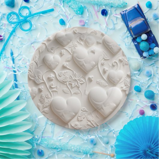 Assiettes En Carton Coeurs Blancs (Aspect Embossé) (Fête)