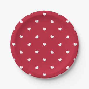 Assiettes En Carton Coeurs blancs sur rouge