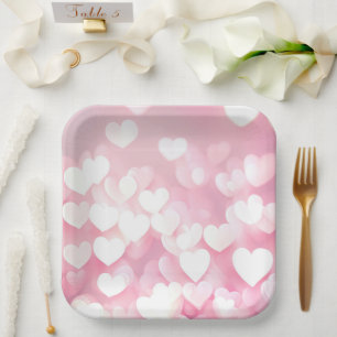 Assiettes En Carton Cœurs Bokeh Rose Et Blanc