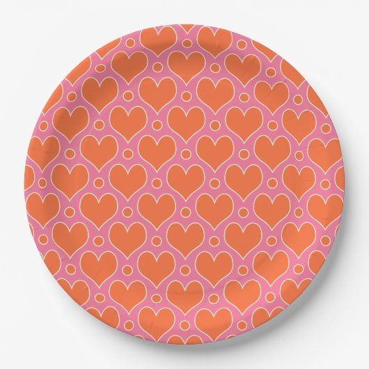 Assiettes En Carton Coeurs d'amour et motif Pois en rose, orange (Devant)