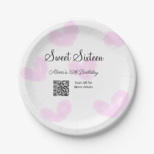 Assiettes En Carton Coeurs d'aquarelle rose QR Sweet sixteen anniversa
