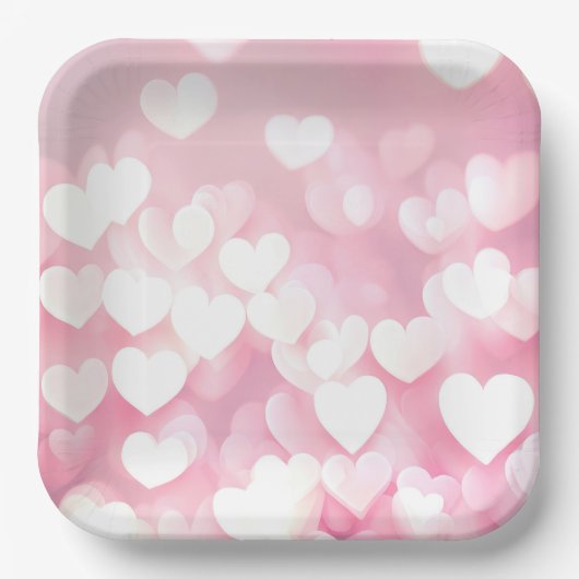 Assiettes En Carton Coeurs De Bokeh Rose Et Blanc (Recto)