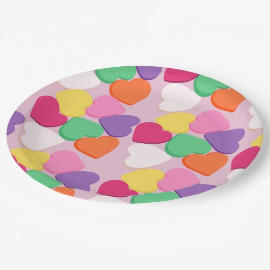 Assiettes En Carton Coeurs de bonbons colorés (Angle)