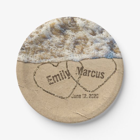 Assiettes En Carton Coeurs de plage avec des noms dans le sable pour m (Devant)