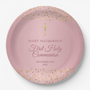Assiettes En Carton Coeurs d'or du premier Rose de communion