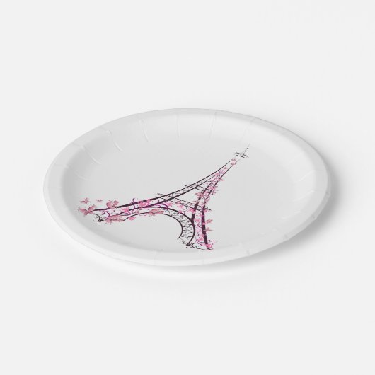 Assiettes En Carton Coeurs et papillons roses Paris Tour Eiffel (Angle)