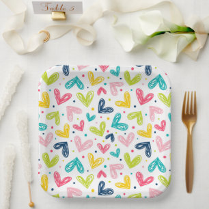 Assiettes En Carton Coeurs et points en style doodé