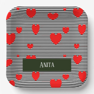 Assiettes En Carton Coeurs et rayures rouges personnalisés
