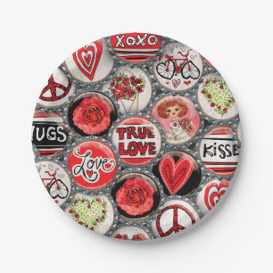 Assiettes En Carton Coeurs floraux rouges rétro Valentine Véritable