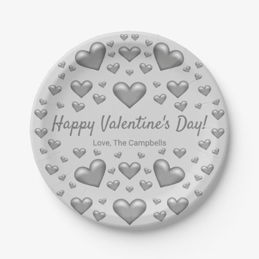 Assiettes En Carton Coeurs gris Heureuse Sainte-Valentin et texte pers (Devant)
