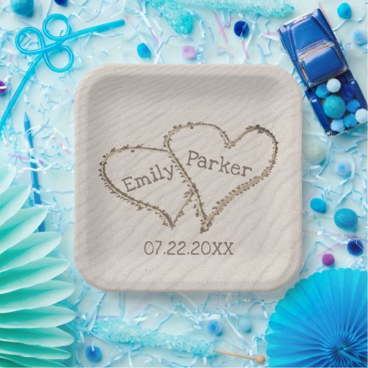 Assiettes En Carton Coeurs mariages dans le sable de plage (Fête)