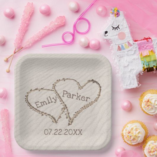 Assiettes En Carton Coeurs mariages dans le sable de plage (Fête)