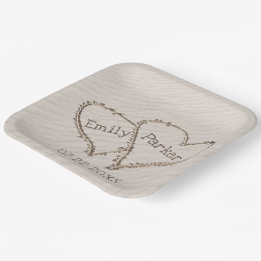 Assiettes En Carton Coeurs mariages dans le sable de plage (Angulaire)
