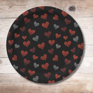 Assiettes En Carton Cœurs Pailletés Rouge Bourgogne et Argent sur Fond