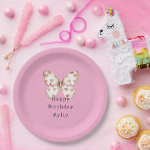 Assiettes En Carton Coeurs papillon rose fille Anniversaire