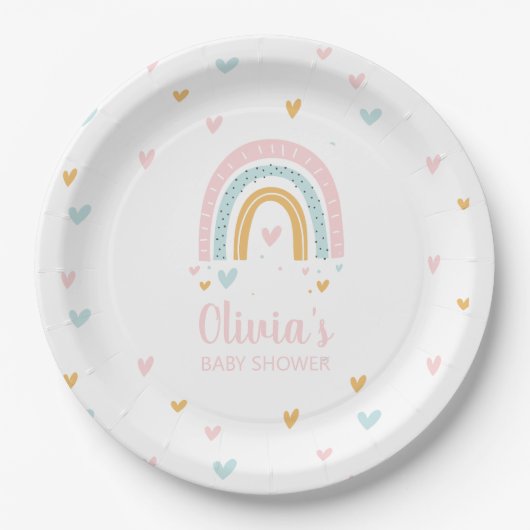 Assiettes En Carton Coeurs pastel Baby shower arc-en-ciel (Devant)