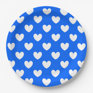 Assiettes En Carton Coeurs polka blancs sur bleu