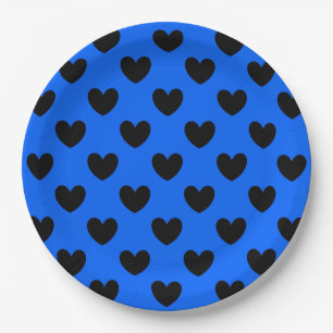 Assiettes En Carton Coeurs polka noirs sur bleu