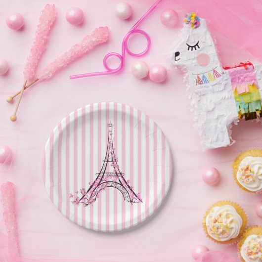 Assiettes En Carton Cœurs roses et papillons Paris Tour Eiffel Fête (Fête)