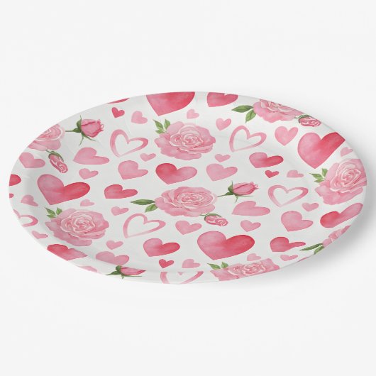 Assiettes En Carton Coeurs roses et Rose (Angle)