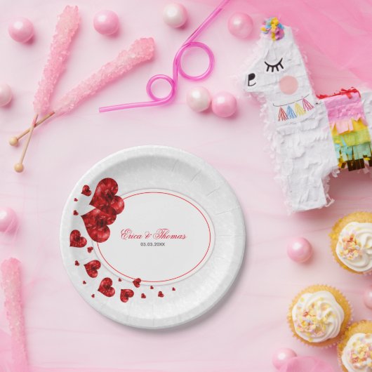 Assiettes En Carton Coeurs rouges mignons Et Damas blancs (Fête)