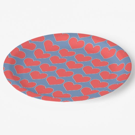 Assiettes En Carton Coeurs rouges sur Motif bleu (Angle)