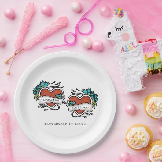 Assiettes En Carton Coeurs tatoués, Mariage graphique de tatouage (Fête)