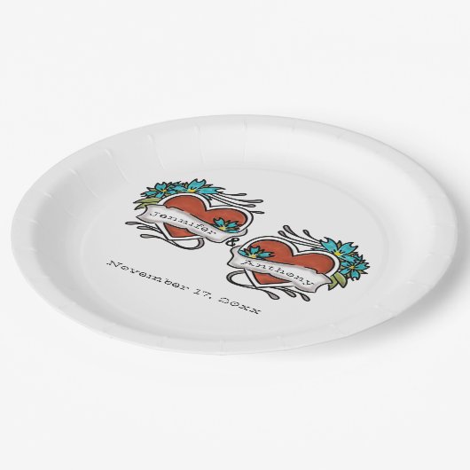 Assiettes En Carton Coeurs tatoués, Mariage graphique de tatouage (Angle)