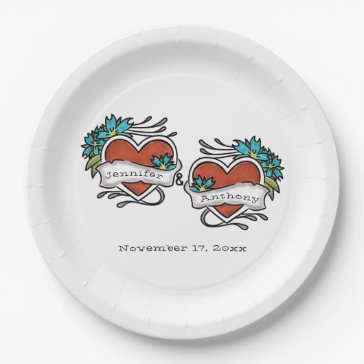 Assiettes En Carton Coeurs tatoués, Mariage graphique de tatouage (Devant)