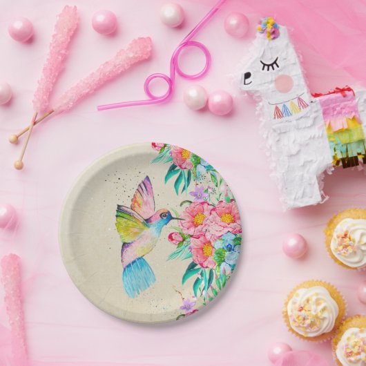 Assiettes En Carton Colibri et fleurs d'aquarelle (Fête)