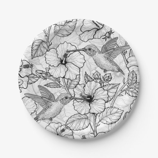 Assiettes En Carton Colibris et fleurs d'hibiscus b&w (Devant)