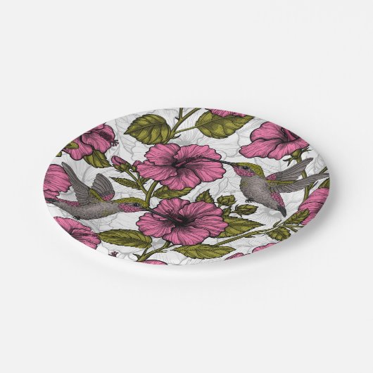 Assiettes En Carton Colibris et fleurs d'hibiscus roses (Angle)