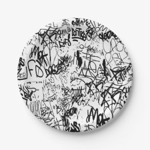 Assiettes En Carton Collage Abstrait de graffiti noir et blanc