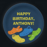 Assiettes En Carton Collage de chaussures en plastique Marine Blue Ann<br><div class="desc">Throw a fun party for kids ou adults with these personalized paper plate. These custom party feature illustrations of plastic moccasin or clogs shoes in bright colors. Lime green, bright blue, yellow and orange shoes are set against a navy blue background. Your message is spelled out in bold yellow lettering....</div>