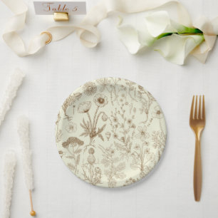 Assiettes En Carton Collage de fleurs sauvages / beige et sépia