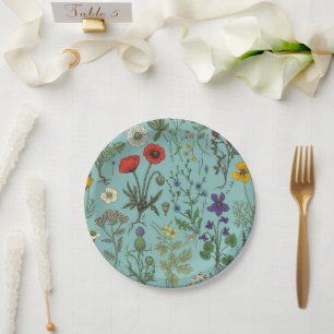 Assiettes En Carton Collage de fleurs sauvages sur fond bleu