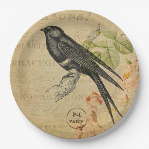 Assiettes En Carton Collage floral de bel oiseau vintage d'hirondelle