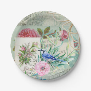 Assiettes En Carton Collage floral de geai bleu d'oiseau de rose