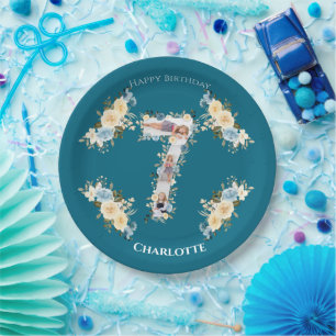 Assiettes En Carton Collage photo turquoise Fleur bleu jaune 7e annive